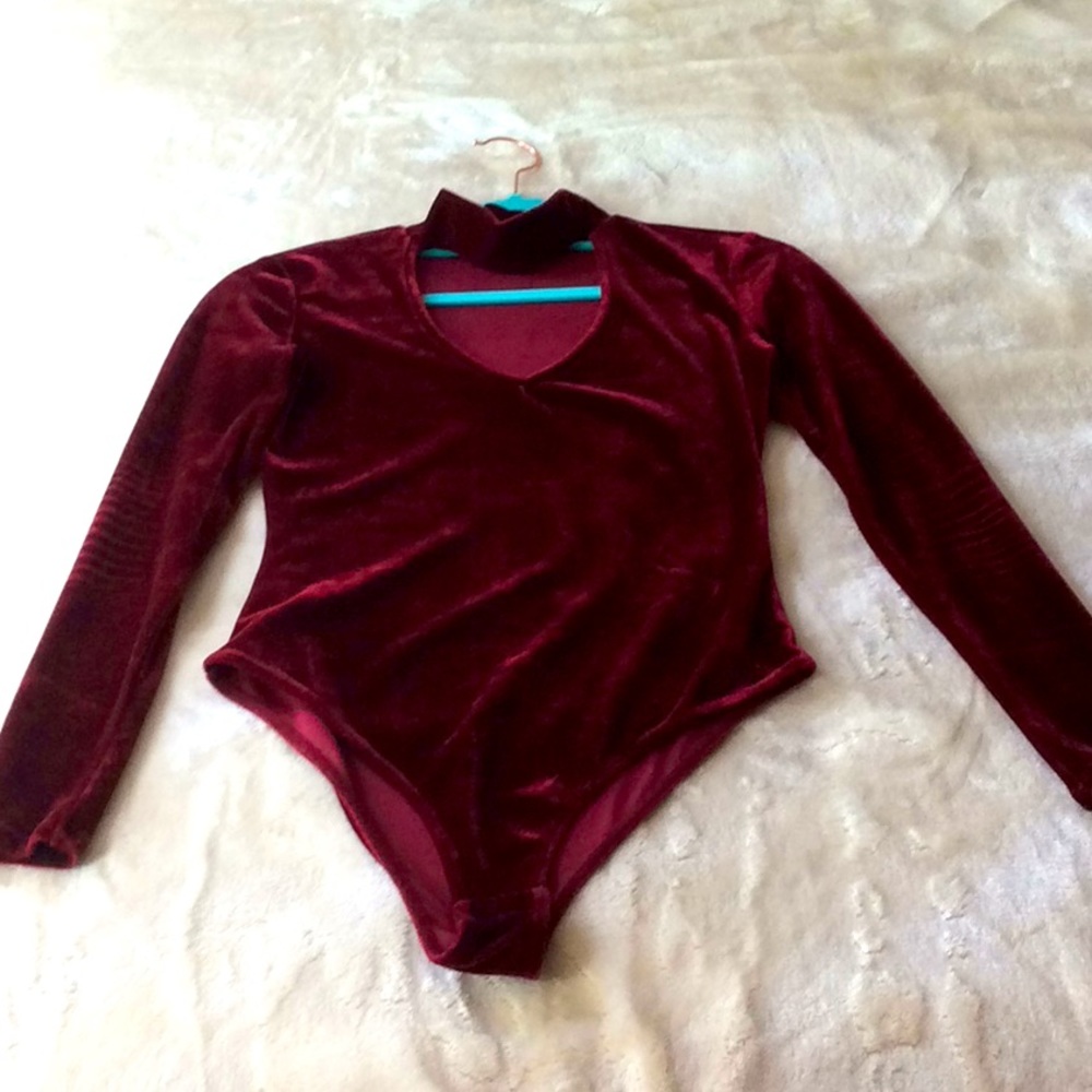 S/M-Deep Red Turtle Neck Velvet Bodysuit
